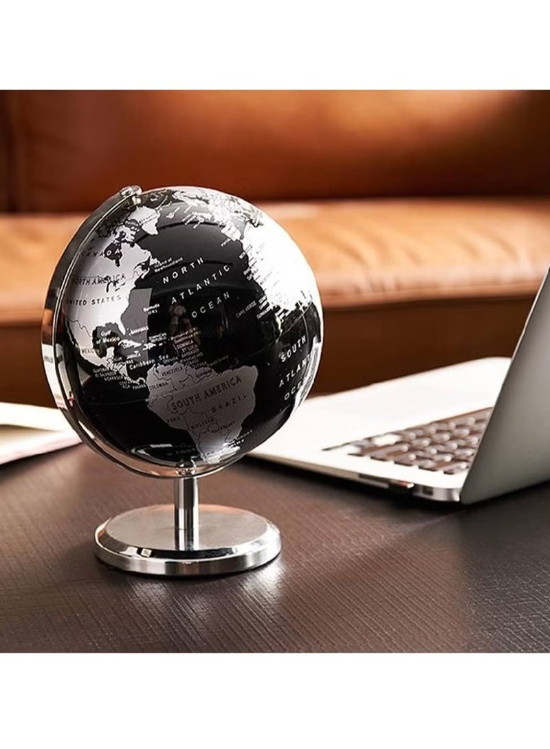 8-Inch Metallic World Globe Black – Educational/Geographic/Modern Desktop Decoration - Stainless Steel Arc and Base/Earth World - Metallic Black - For School, Home, And Office