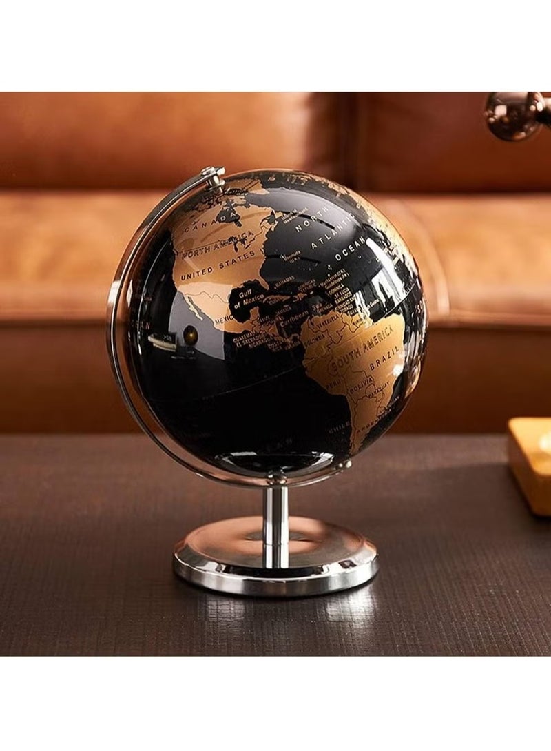 8-Inch Metallic World Globe Black – Educational/Geographic/Modern Desktop Decoration - Stainless Steel Arc and Base/Earth World - Metallic Black - For School, Home, And Office