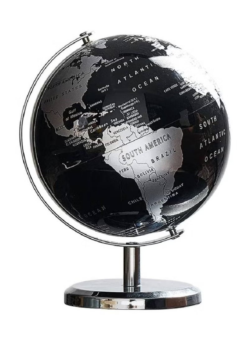 8-Inch Metallic World Globe Black – Educational/Geographic/Modern Desktop Decoration - Stainless Steel Arc and Base/Earth World - Metallic Black - For School, Home, And Office