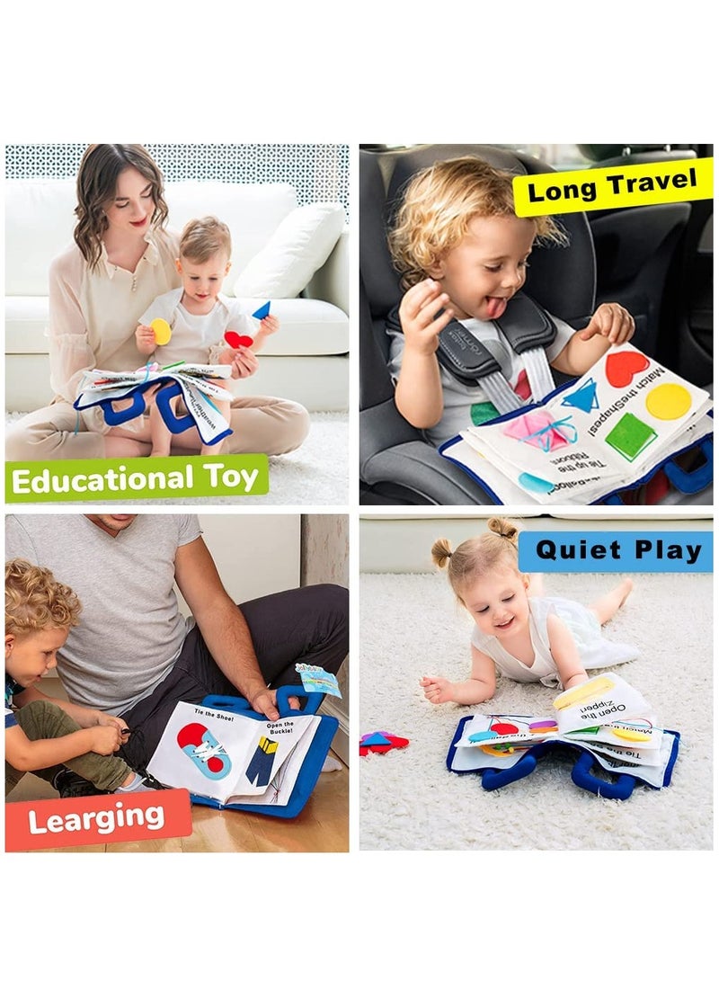 Montessori Quiet Book for Toddlers - Travel-Friendly Cloth Activity Book Featuring 10 Early Learning Topics and Basic Life Skills for Engaged Boys and Girls (Blue)