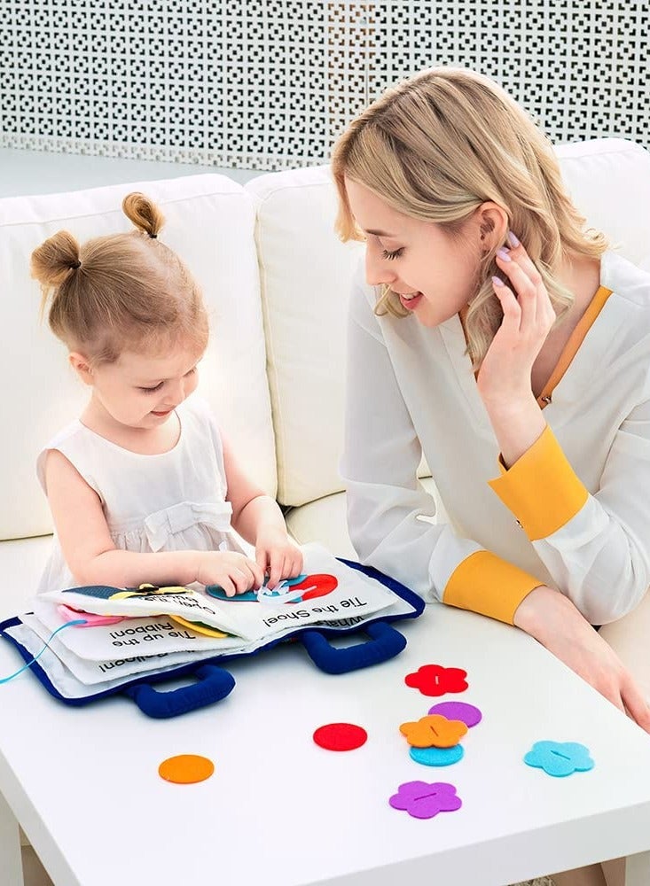 Montessori Quiet Book for Toddlers - Travel-Friendly Cloth Activity Book Featuring 10 Early Learning Topics and Basic Life Skills for Engaged Boys and Girls (Blue)