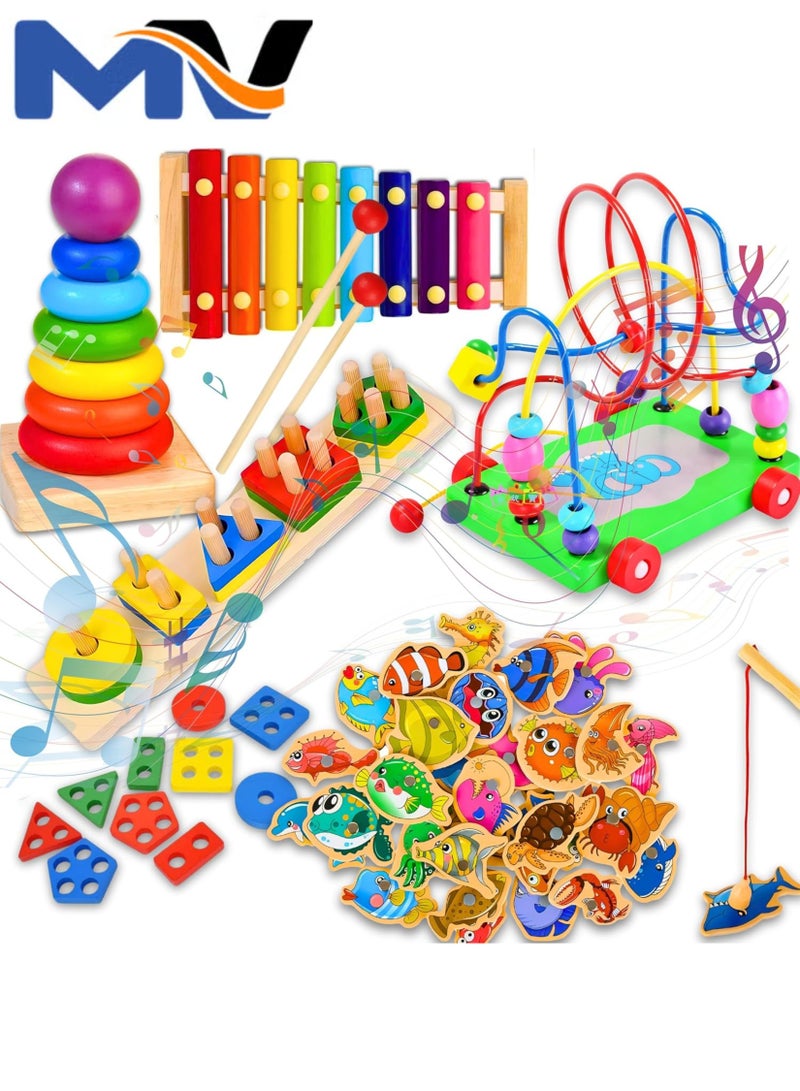 5-in-1 Montessori Wooden Educational Baby Toys Set | Sorting & Stacking, Piano Xylophone, Bead Maze Roller Coaster, 33pcs Magnetic Fishing Game, Color Balls Sorting for Boys & Girls 1-3 Year