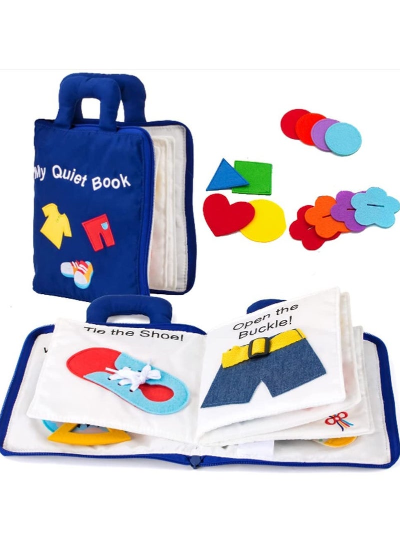 Montessori Quiet Book for Toddlers - Travel-Friendly Cloth Activity Book Featuring 10 Early Learning Topics and Basic Life Skills for Engaged Boys and Girls (Blue)
