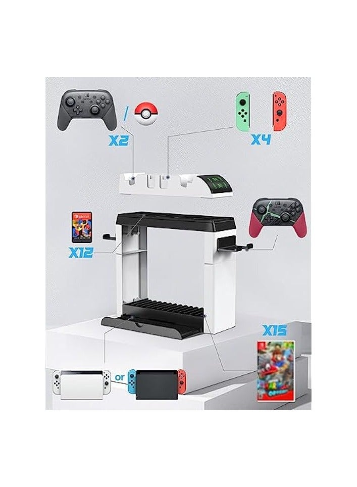 Switch Games Organizer Station with Controller Charger Controller Charger Station for Nintendo Switch & OLED Joycon, Pro Controller, Accessories Storage Tower Stand for Games, Pro Controller, TV Dock