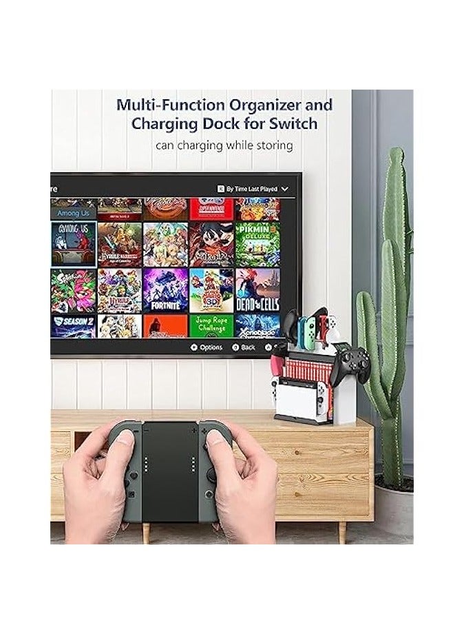 Switch Games Organizer Station with Controller Charger Controller Charger Station for Nintendo Switch & OLED Joycon, Pro Controller, Accessories Storage Tower Stand for Games, Pro Controller, TV Dock