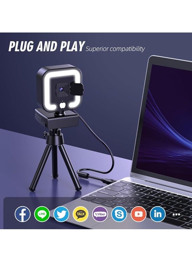 2K HD Webcam with Microphone & Fill Light, Autofocus Streaming Camera with Privacy Cover & Tripod for PC/Laptop/Desktop