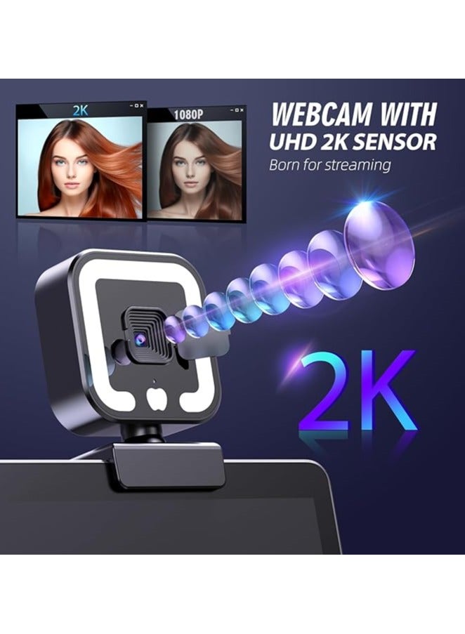 2K HD Webcam with Microphone & Fill Light, Autofocus Streaming Camera with Privacy Cover & Tripod for PC/Laptop/Desktop