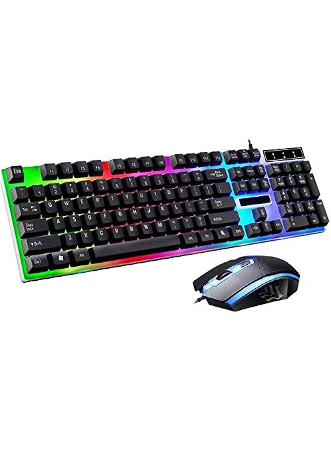 Mechanical Gaming Keyboard and Mouse Set , Rainbow LED, USB Wired Desktop Combo (Black)