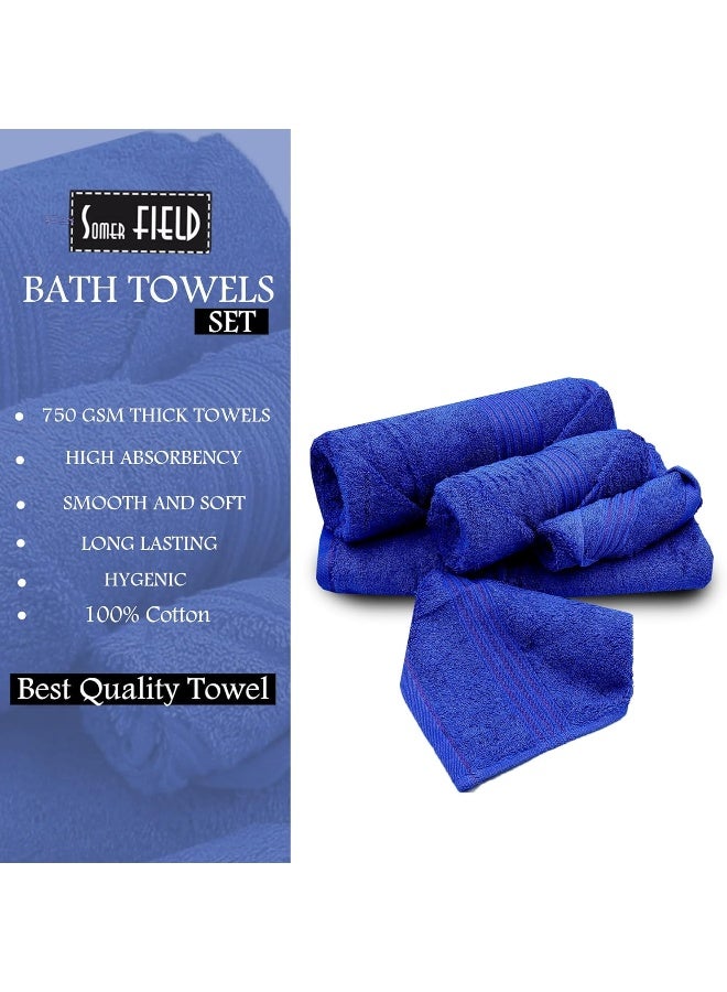 Somer Field - Towels - Premium Quality 5 Piece Soft 100% Cotton 750 GSM Highly Absorbent Bathroom Towels Set (1 Beach Towel + 1 Bath Towel + 1 Hand Towel + 2 Face Towel (Blue)