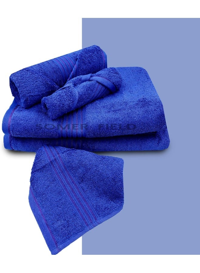 Somer Field - Towels - Premium Quality 5 Piece Soft 100% Cotton 750 GSM Highly Absorbent Bathroom Towels Set (1 Beach Towel + 1 Bath Towel + 1 Hand Towel + 2 Face Towel (Blue)