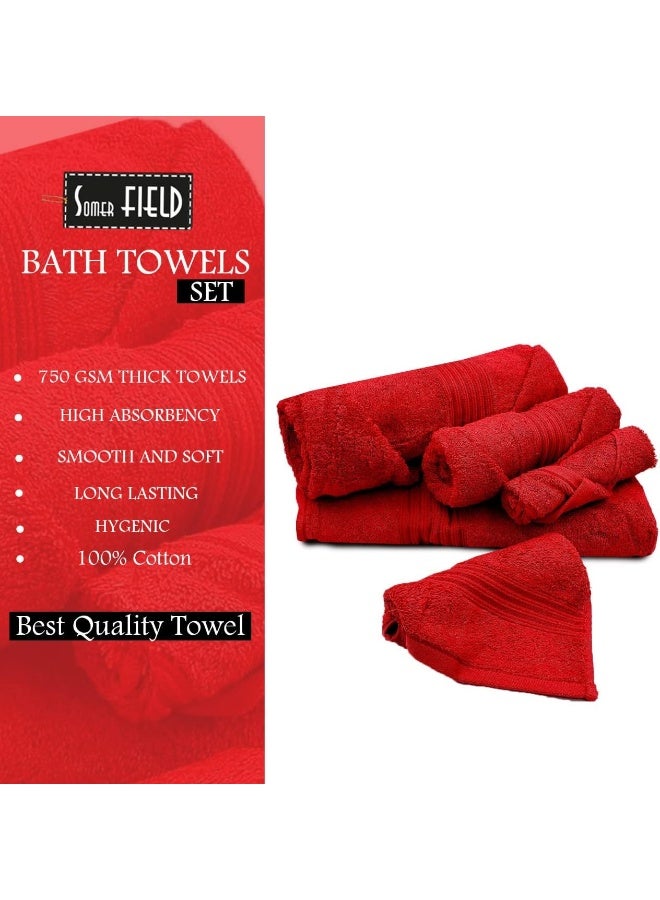 Somer Field - Towels - Premium Quality 5 Piece Soft 100% Cotton 750 GSM Highly Absorbent Bathroom Towels Set (1 Beach Towel + 1 Bath Towel + 1 Hand Towel + 2 Face Towel (Cherry Red)