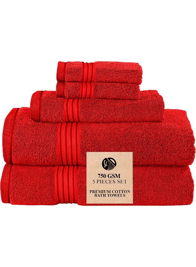 Somer Field - Towels - Premium Quality 5 Piece Soft 100% Cotton 750 GSM Highly Absorbent Bathroom Towels Set (1 Beach Towel + 1 Bath Towel + 1 Hand Towel + 2 Face Towel (Cherry Red)