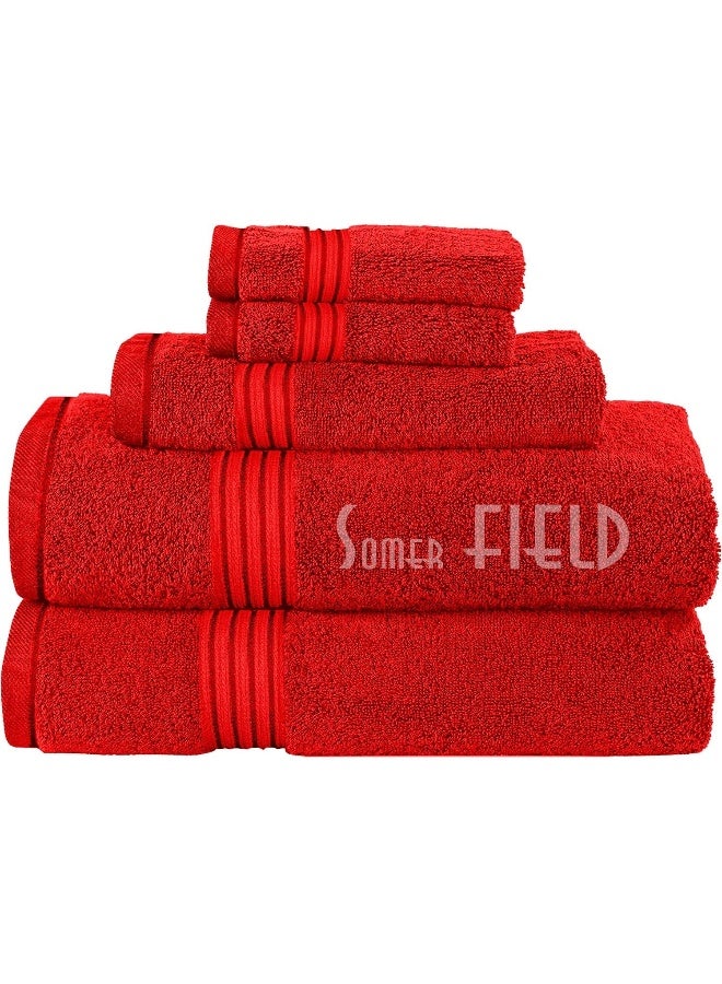 Somer Field - Towels - Premium Quality 5 Piece Soft 100% Cotton 750 GSM Highly Absorbent Bathroom Towels Set (1 Beach Towel + 1 Bath Towel + 1 Hand Towel + 2 Face Towel (Cherry Red)