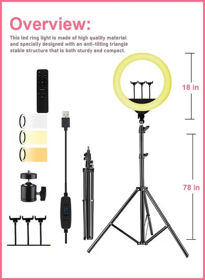 18 Inch Circle LED Studio 3 Light Modes Selfie Ring Light With Tripod Stand with Cell Phone Holder For Makeup Camera Photography Video Shoot YouTube Video Shoot TikTok Vlog Live Stream Compatible.