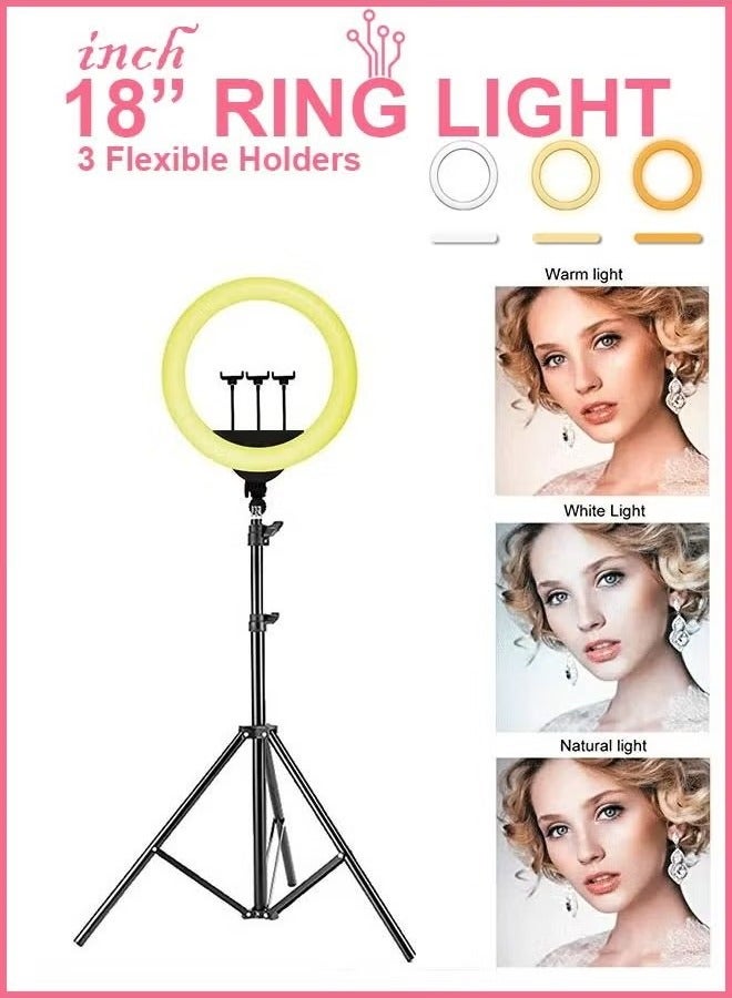 18 Inch Circle LED Studio 3 Light Modes Selfie Ring Light With Tripod Stand with Cell Phone Holder For Makeup Camera Photography Video Shoot YouTube Video Shoot TikTok Vlog Live Stream Compatible.