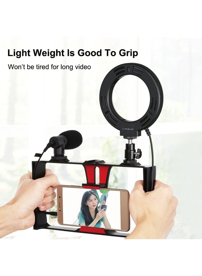 PULUZ 5 in 1 Vlogging Live Broadcast Smartphone Video Rig + 4.7 inch 12cm RGBW Ring LED Selfie Light + Microphone + Pocket Tripod Mount Kits with Cold Shoe Tripod Head(Red)