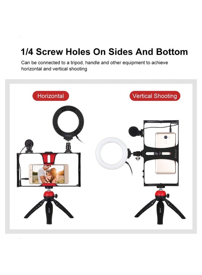 PULUZ 5 in 1 Vlogging Live Broadcast Smartphone Video Rig + 4.7 inch 12cm RGBW Ring LED Selfie Light + Microphone + Pocket Tripod Mount Kits with Cold Shoe Tripod Head(Red)