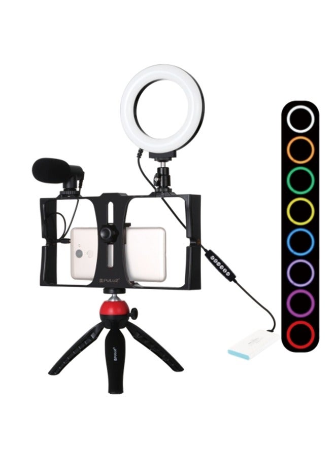 PULUZ 5 in 1 Vlogging Live Broadcast Smartphone Video Rig + 4.7 inch 12cm RGBW Ring LED Selfie Light + Microphone + Pocket Tripod Mount Kits with Cold Shoe Tripod Head(Red)