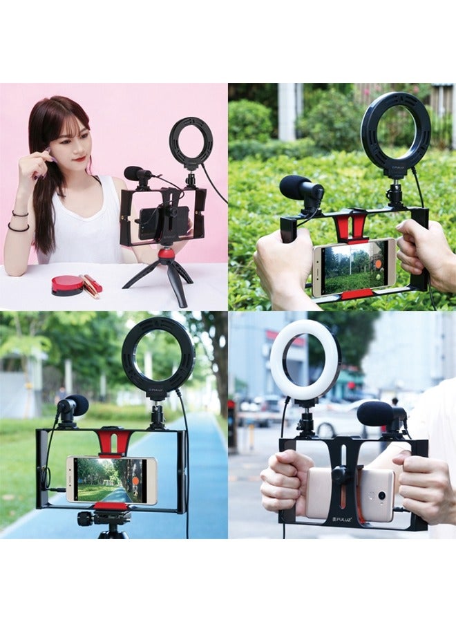 PULUZ 5 in 1 Vlogging Live Broadcast Smartphone Video Rig + 4.7 inch 12cm RGBW Ring LED Selfie Light + Microphone + Pocket Tripod Mount Kits with Cold Shoe Tripod Head(Red)