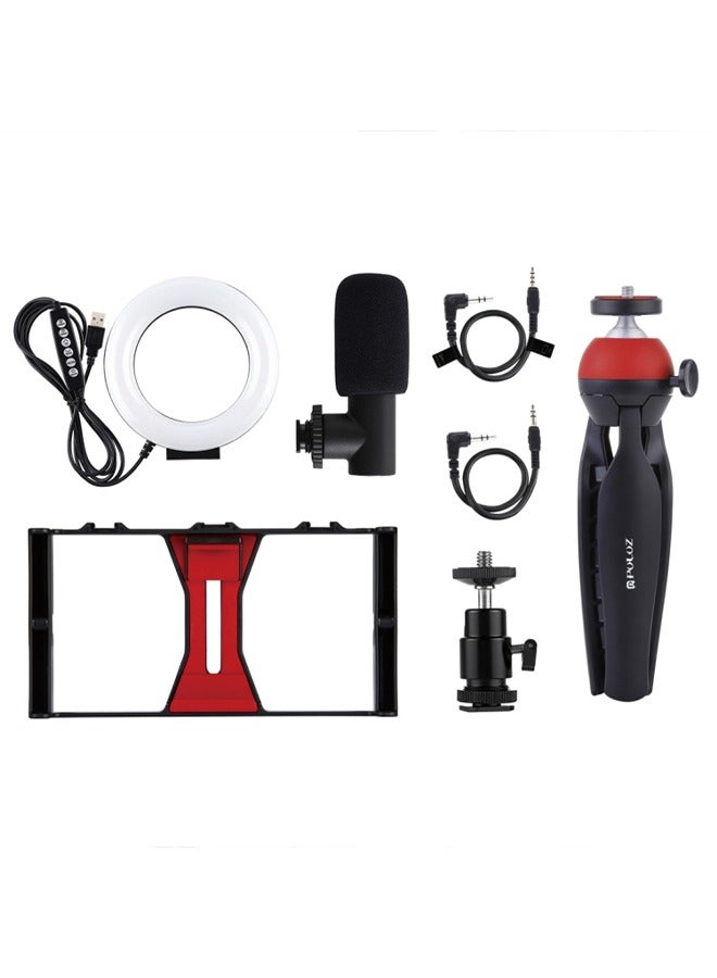 PULUZ 5 in 1 Vlogging Live Broadcast Smartphone Video Rig + 4.7 inch 12cm RGBW Ring LED Selfie Light + Microphone + Pocket Tripod Mount Kits with Cold Shoe Tripod Head(Red)