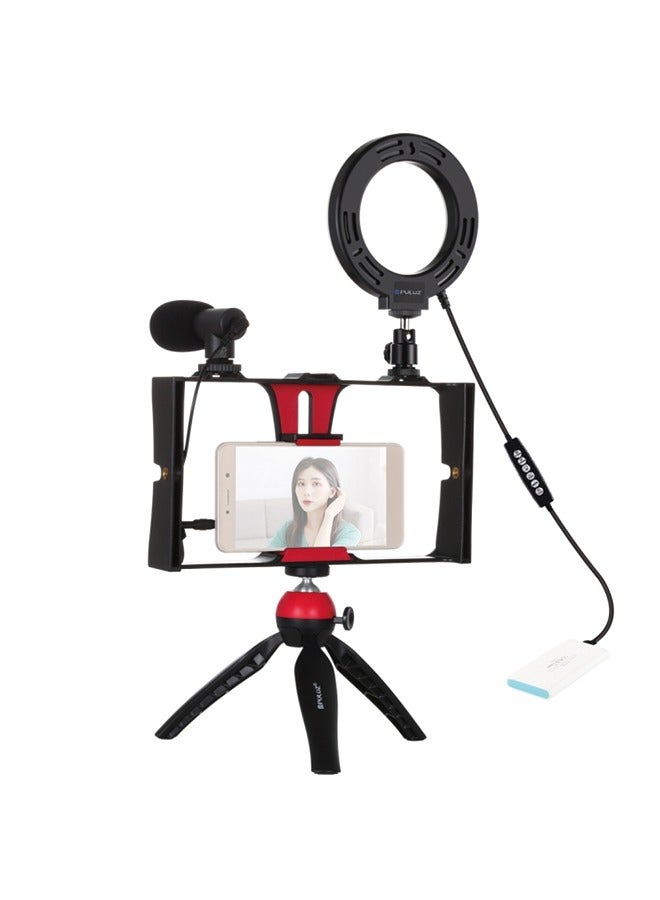 PULUZ 5 in 1 Vlogging Live Broadcast Smartphone Video Rig + 4.7 inch 12cm RGBW Ring LED Selfie Light + Microphone + Pocket Tripod Mount Kits with Cold Shoe Tripod Head(Red)