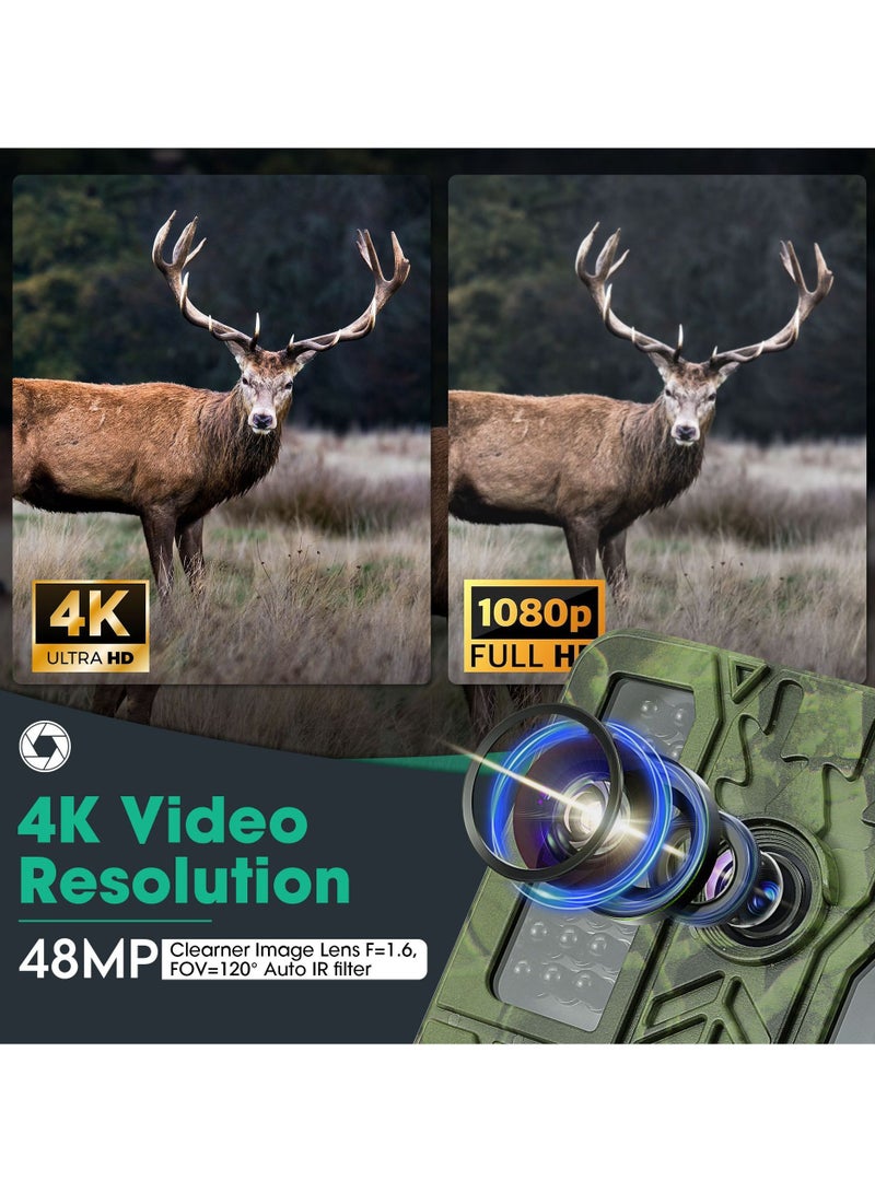 Trail Camera, 4K 48MP WiFi Hunting Game Camera, 0.2s Trigger Time Deer Trail Camera, Infrared Night Vision IP67 Waterproof Wireless Wide Angle Trail Camera, for Outdoor Wildlife Monitoring