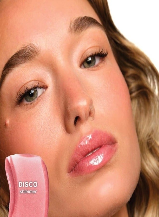 Saie   Glossy Bounce™  High Shine Lip Gloss -  Disco - pinky pink shimmer ,  Moisturizing Oil Infused, 5ml