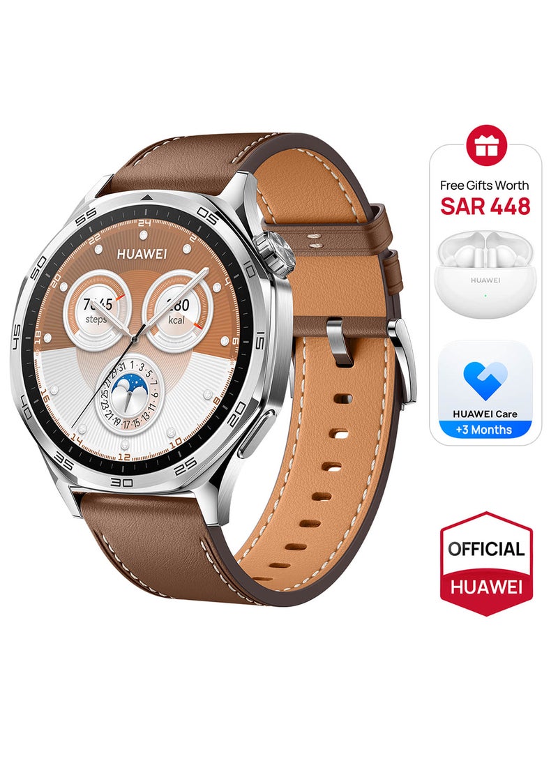 WATCH GT 5 46mm Smartwatch, up to 14 Days Battery Life, All-new Running and Cycling Experience, Sharp-Edged Design, iOS and Android + FreeBuds 5i Earbuds and Extra 3 Months Warranty Brown