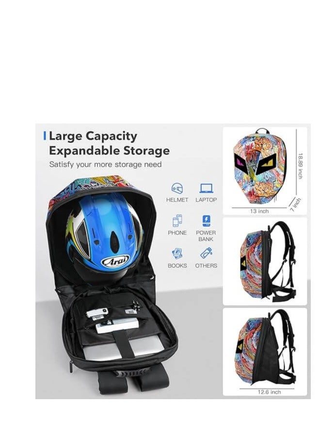 LED Rider Backpack, Motorcycle Backpack, LED Programmable Knight Backpack, School Bagpack, Hard Shell Laptop Bag Motorbike Riding Daypack Helmet Bag - Water Transfer Graffiti