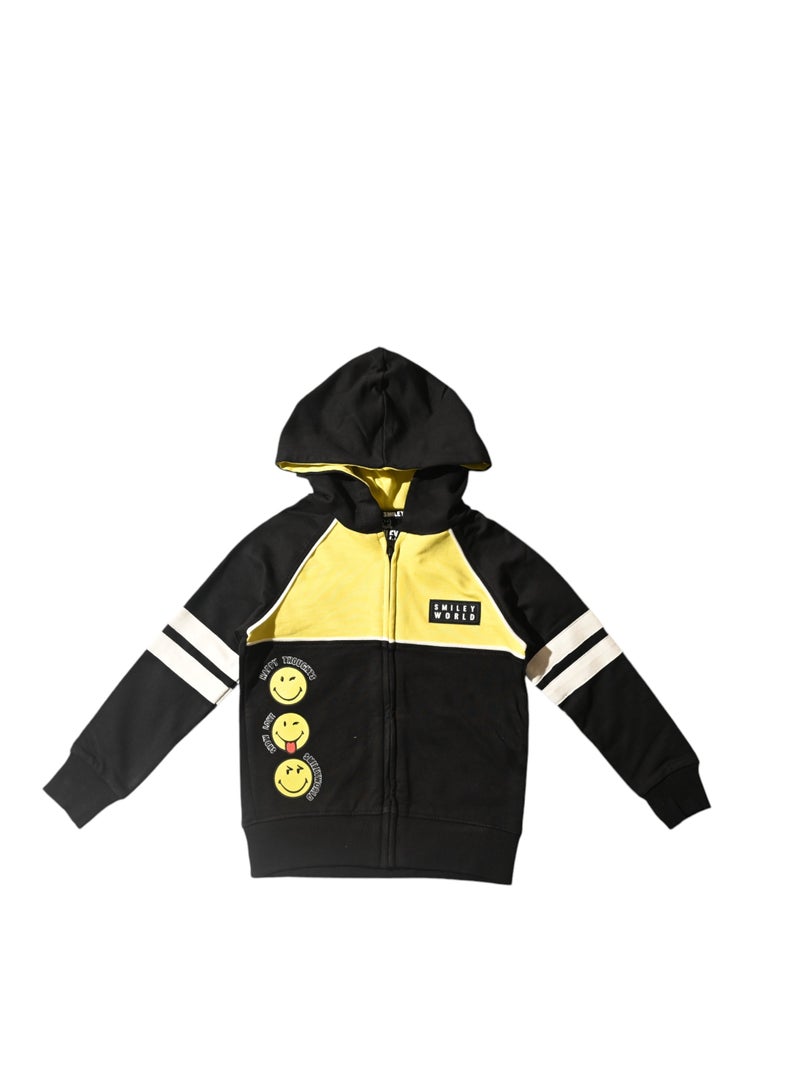 Smiley World Black and Yellow Hooded Jacket, Zip-Up, Embroidered Smileys