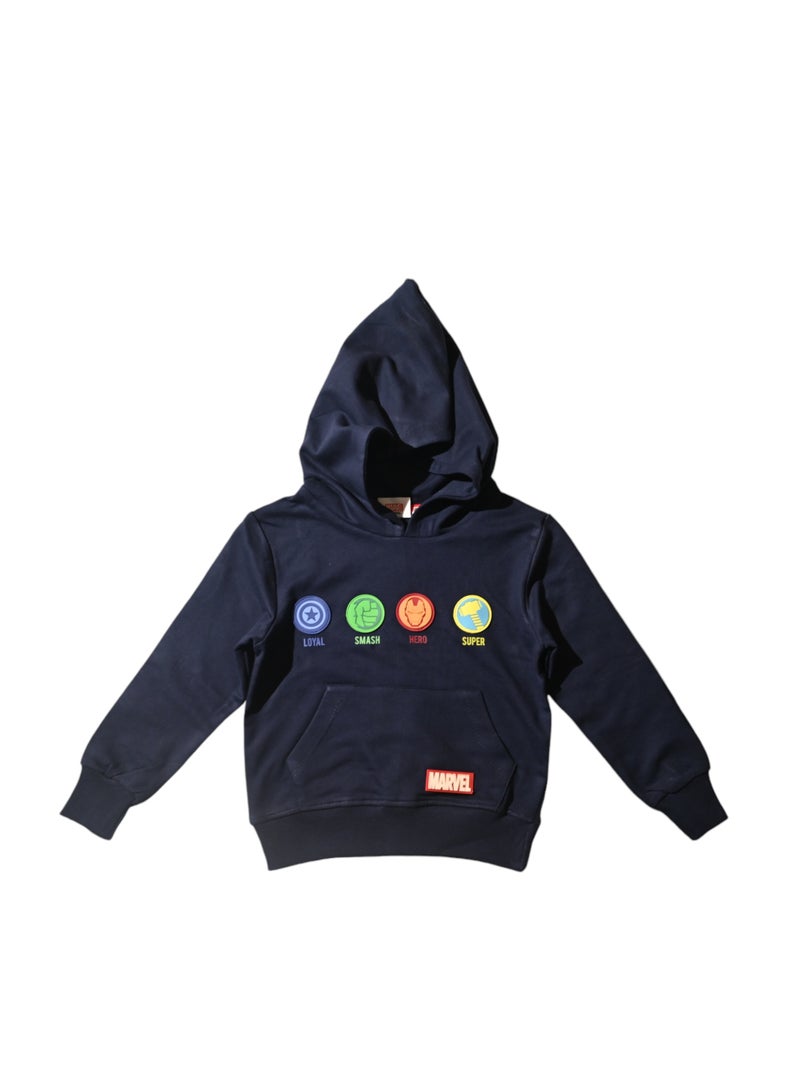 Marvel Superhero Hooded Sweatshirt, Navy Blue, 4 Embroidered Icons