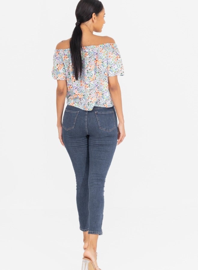 Off-Shoulder Floral Print Short Sleeve Blouse - Multicolor