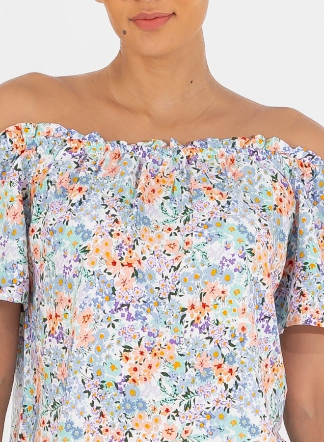 Off-Shoulder Floral Print Short Sleeve Blouse - Multicolor