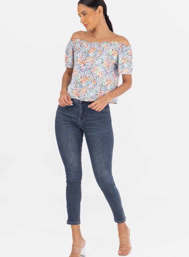 Off-Shoulder Floral Print Short Sleeve Blouse - Multicolor