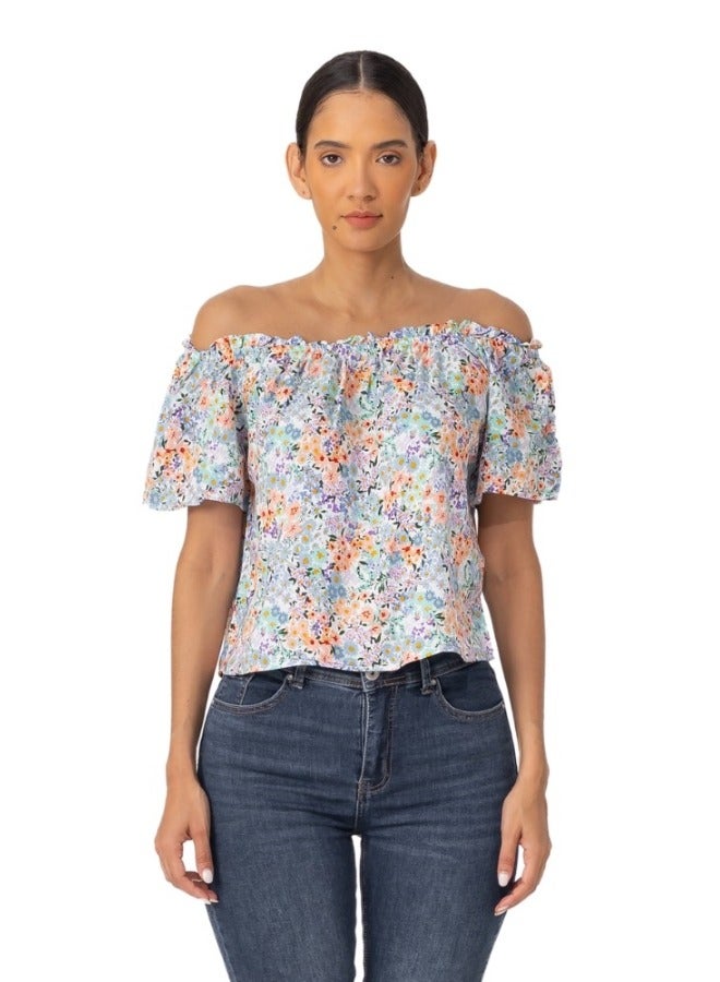 Off-Shoulder Floral Print Short Sleeve Blouse - Multicolor