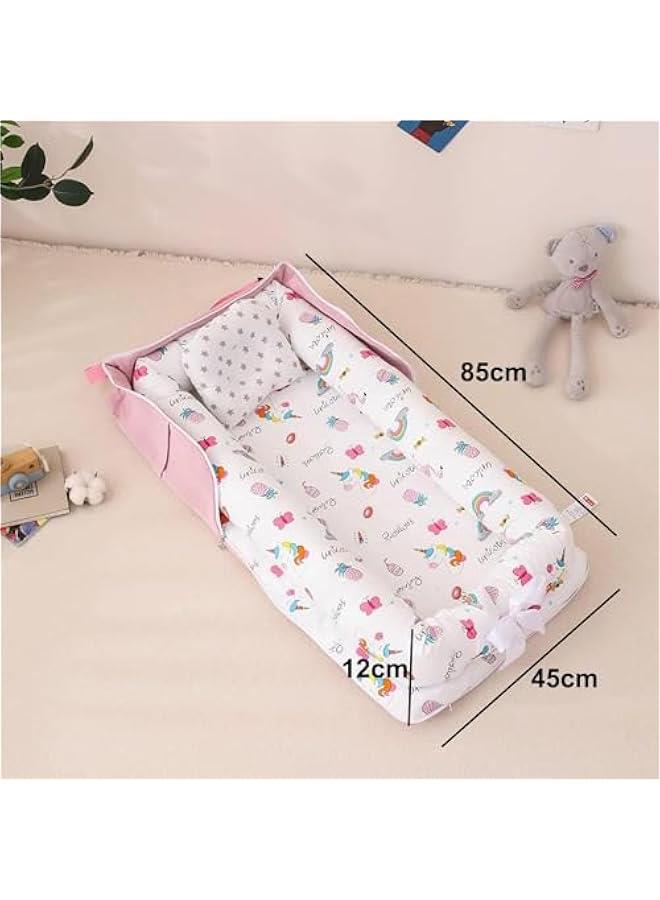 Baby Nest for Newborn, 0-12 Month Baby Nest Cover with 100% Cotton Muslin Cover, Portable Nest Sleeper Cover for Infant, Foldable Baby Lounger for Outdoor,Travel (Unicorn Pink)