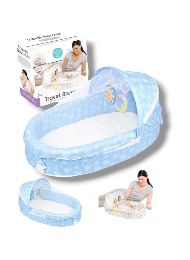 Baby Bed for Newborn Portable Travel, Baby Lounger with Sun Protection Mosquito Net, Foldable Infant Sleeping Basket, Removable and Washable Baby Cribs Bed for Bedroom (BLUE)