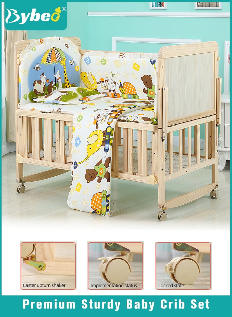 Baby Bedside Crib, Premium Baby Bed, Wooden Newborn Bedside Bassinet, Infant Nursery Bedding for Boys and Girls with Mattress, Mosquito Net, Cartoon Quilt and Sheet, Mattress