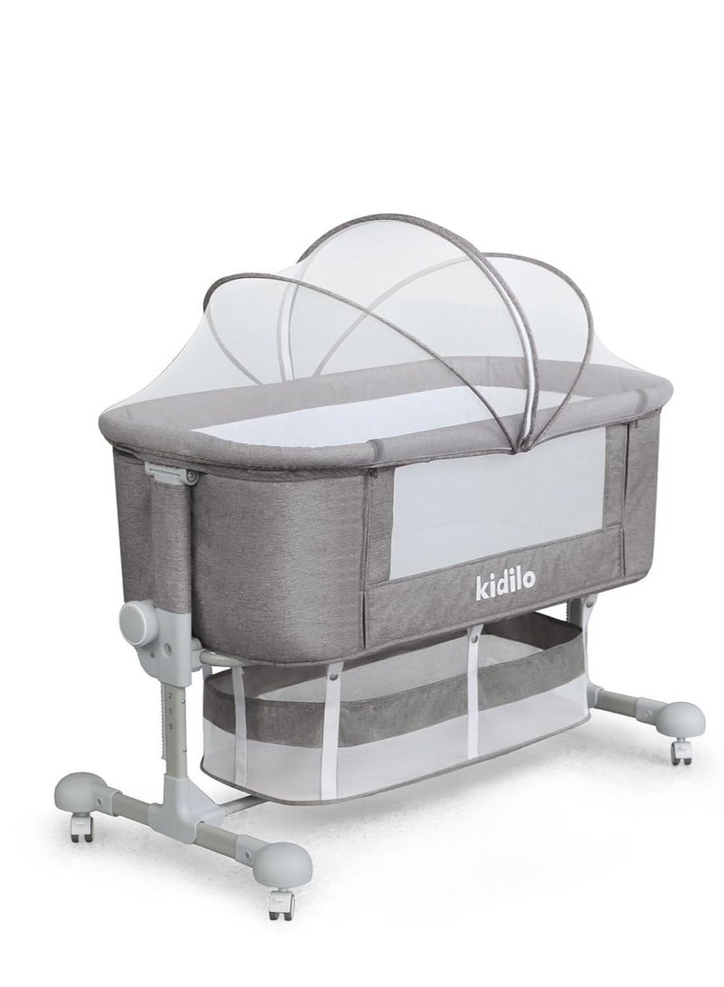 Kidilo Baby bed Bassinet with Canopy, Wheels, and Storage Basket, Adjustable Height (GREY)