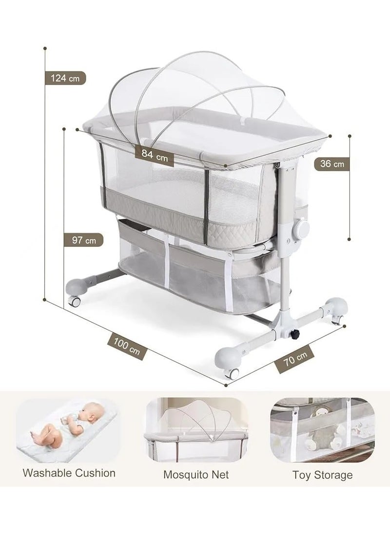 Kidilo Baby bed Bassinet with Canopy, Wheels, and Storage Basket, Adjustable Height (GREY)