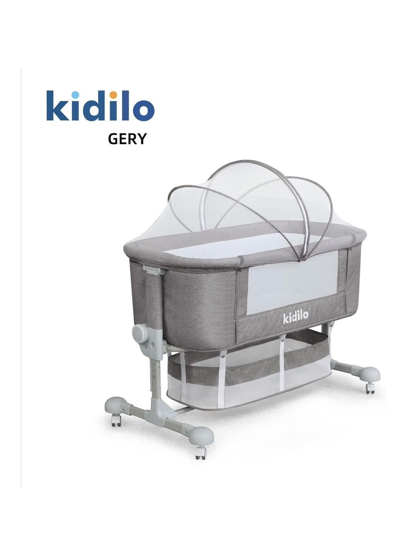 Kidilo Baby bed Bassinet with Canopy, Wheels, and Storage Basket, Adjustable Height (GREY)