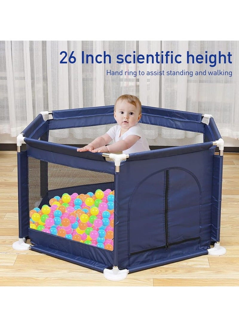 Baby Playpen Play Yard Safety Fence for Babies Toddlers Kids ages 1 2 3 4 5 Portable Compact Sturdy Infant Activity Center with Anti-Slip Suckers Steady Fence Soft Breathable Mesh Zipper Gate Travel Cot Safety Protection Care Crawling Toys with 10 Ocean Balls For Baby  Indoors Outdoors