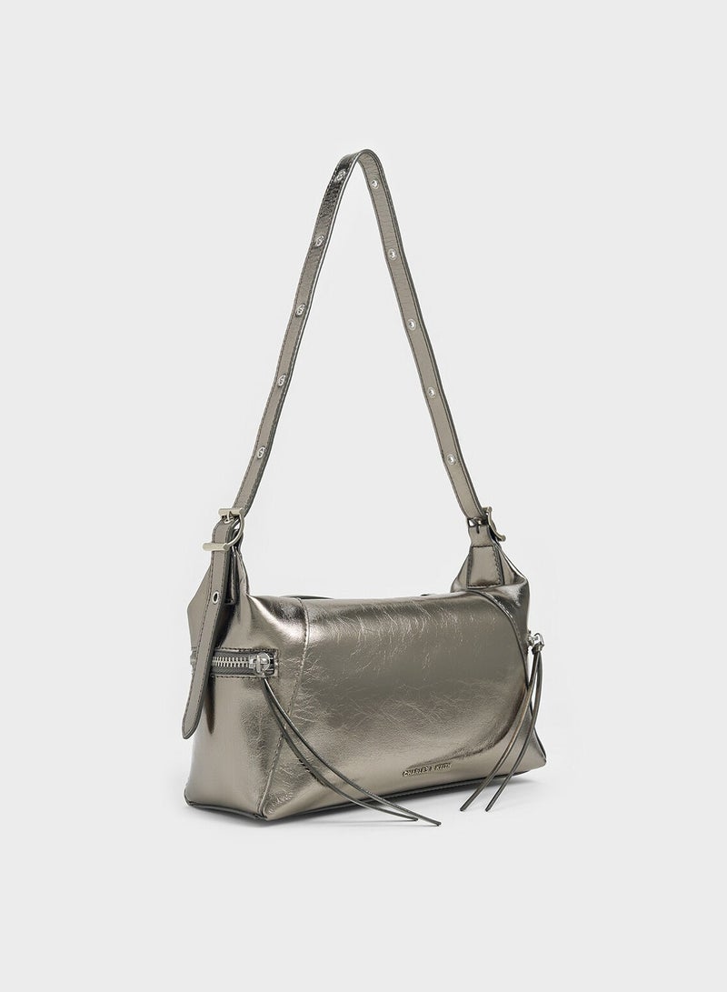 CHARLES & KEITH Xylia Metallic Shoulder Bag - Pewter