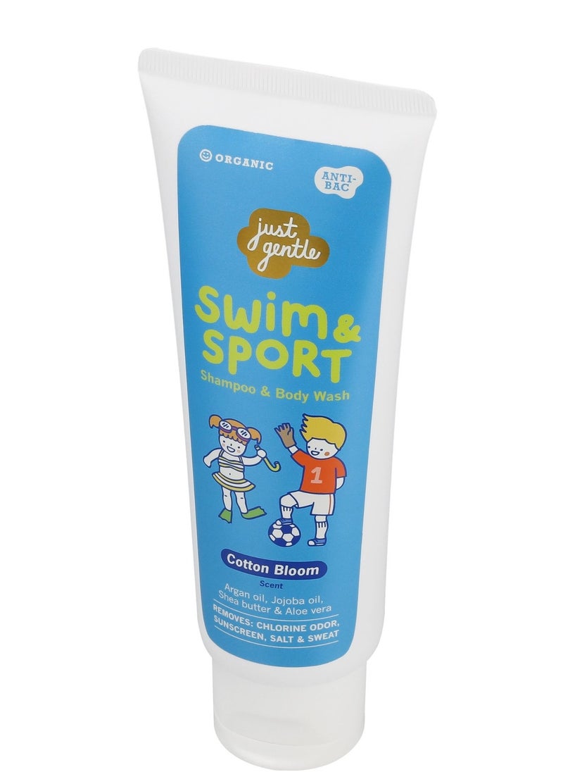 Just Gentle Swim & Sport Shampoo and Body Wash - Cotton Bloom, Washes Away Chlorine, Salt, Sweat & Odor, Enriched with Argan Oil, Jojoba Oil, Shea Butter & Aloe Vera, 180ml