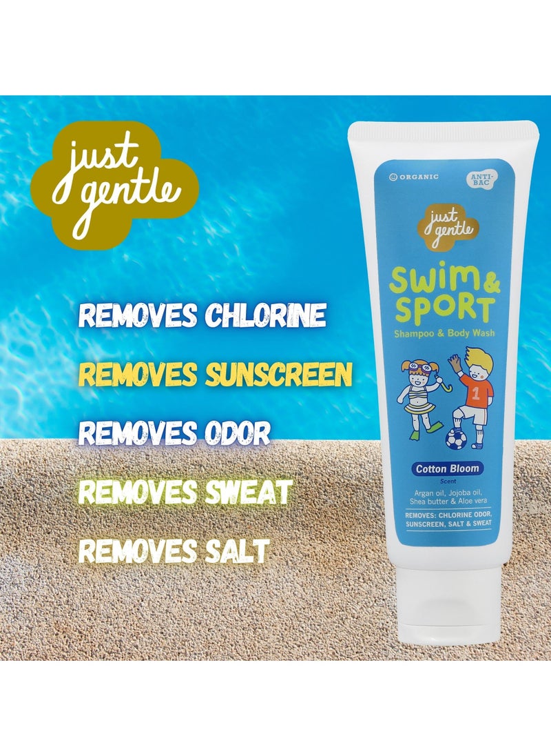 Just Gentle Swim & Sport Shampoo and Body Wash - Cotton Bloom, Washes Away Chlorine, Salt, Sweat & Odor, Enriched with Argan Oil, Jojoba Oil, Shea Butter & Aloe Vera, 180ml