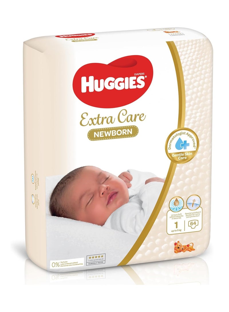 Huggies Extra Care Newborn, Size 1, Up to 5 kg, Jumbo Pack, 64 Diapers