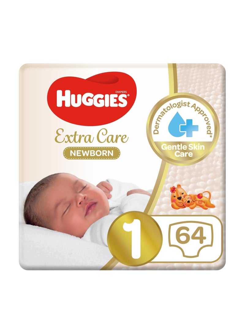 Huggies Extra Care Newborn, Size 1, Up to 5 kg, Jumbo Pack, 64 Diapers