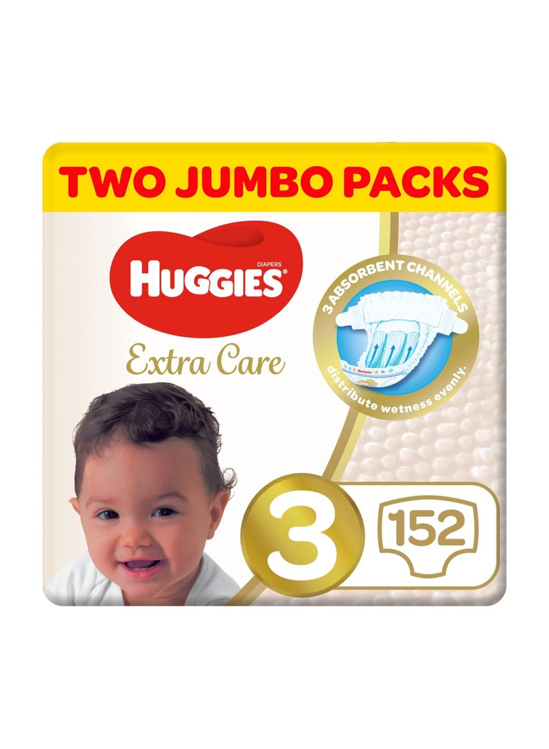 Huggies Extra Care, Size 3, 4 - 9 kg, Twin Jumbo Pack, 152 Diapers