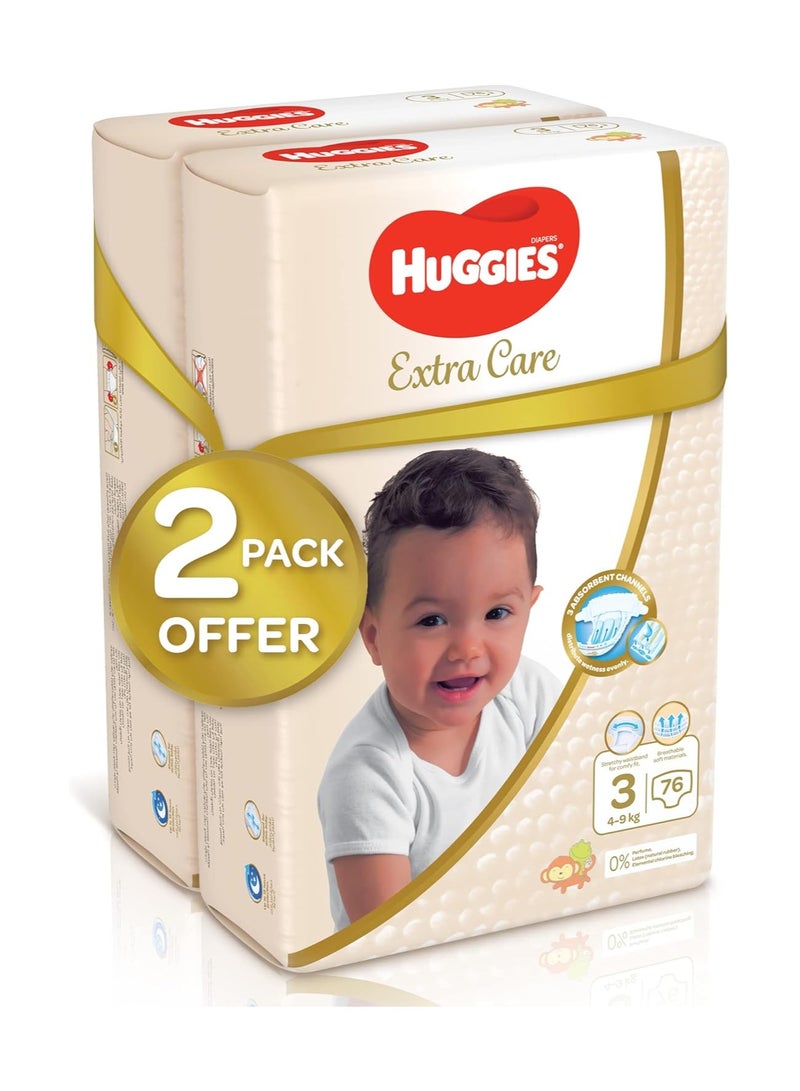 Huggies Extra Care, Size 3, 4 - 9 kg, Twin Jumbo Pack, 152 Diapers