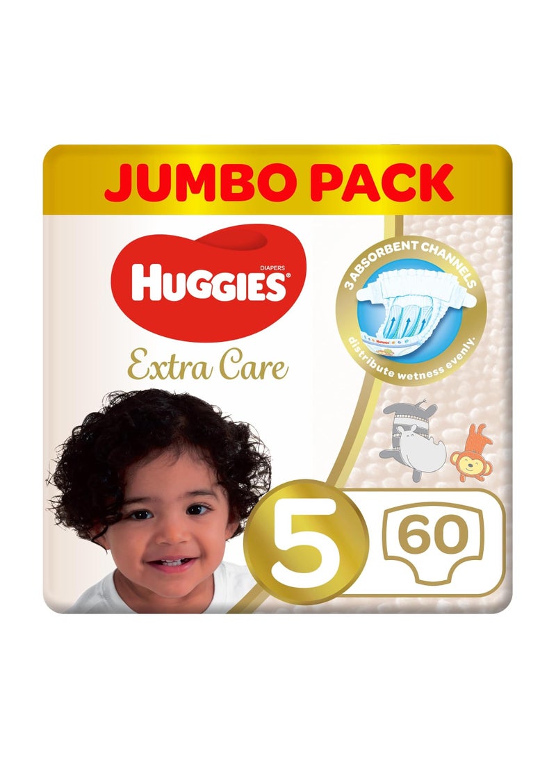 Huggies Extra Care, Size 5, 12 -22 kg, Jumbo Pack, 60 Diapers, Pack Of 2